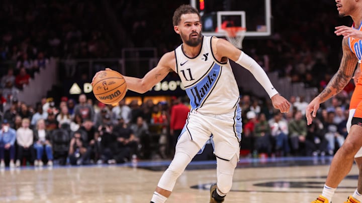 Feb 28, 2025; Atlanta, Georgia, USA; Atlanta Hawks guard Trae Young (11) drives to the basket against the Oklahoma City Thunder in the third quarter at State Farm Arena. Mandatory Credit: Brett Davis-Imagn Images Feb 28, 2025; Atlanta, Georgia, USA; Atlanta Hawks guard Trae Young (11) drives to the basket against the Oklahoma City Thunder in the third quarter at State Farm Arena. Mandatory Credit: Brett Davis-Imagn Images