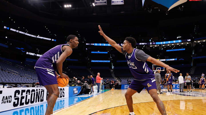 Mar 19, 2026; Tampa, FL, USA; Prairie View A&M Panthers guard Lance Williams (12) defends forward Corey Dunning (4) during a practice session ahead of the first round of the men's 2026 NCAA Tournament at Benchmark International Arena. Mandatory Credit: Matt Pendleton-Imagn Images Mar 19, 2026; Tampa, FL, USA; Prairie View A&M Panthers guard Lance Williams (12) defends forward Corey Dunning (4) during a practice session ahead of the first round of the men's 2026 NCAA Tournament at Benchmark International Arena. Mandatory Credit: Matt Pendleton-Imagn Images
