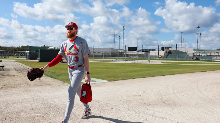 Feb 14, 2026; Jupiter, FL, USA; St. Louis Cardinals starting pitcher Dustin May (3) arrives for a workout during spring training at Roger Dean Chevrolet Stadium. Mandatory Credit: Sam Navarro-Imagn Images