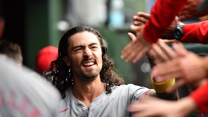 Sep 29, 2024; Chicago, Illinois, USA; Cincinnati Reds second base Jonathan India (6) celebrates with teammates in the dugout during the tenth inning against the Chicago Cubs at Wrigley Field. Mandatory Credit: Patrick Gorski-Imagn Images