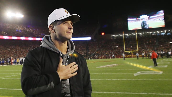 Former Iowa State and San Francisco 49ers quarterback Brock Purdy waves to the crowd as introduced during Iowa State and Kansas football at Jack Trice Stadium on Saturday, Nov. 4, 2023, in Ames, Iowa.