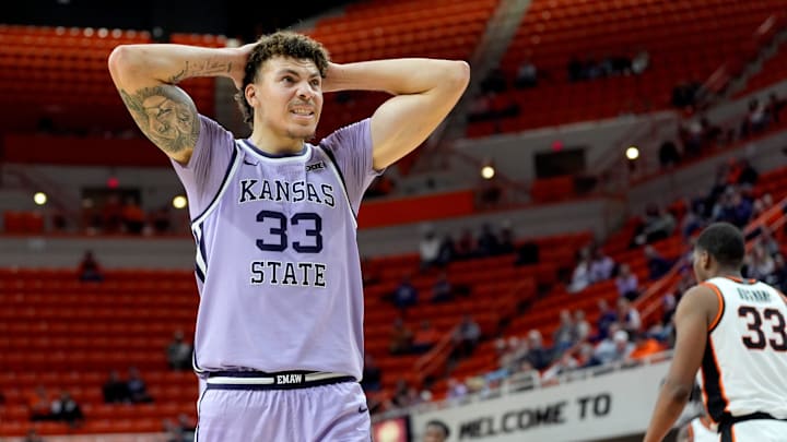 Kansas State Wildcats guard Coleman Hawkins (33) reacts during a men's BIG 12 basketball game between the Oklahoma State University Cowboys (OSU) and the Kansas State Wildcats at Gallagher-Iba Arena in Stillwater, Okla., Tuesday, Jan. 7, 2025. Oklahoma State won 79-66, Kansas State Wildcats guard Coleman Hawkins (33) reacts during a men's BIG 12 basketball game between the Oklahoma State University Cowboys (OSU) and the Kansas State Wildcats at Gallagher-Iba Arena in Stillwater, Okla., Tuesday, Jan. 7, 2025. Oklahoma State won 79-66,