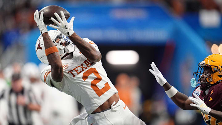 Jan 1, 2025; Atlanta, GA, USA; Texas Longhorns wide receiver Matthew Golden (2) makes a catch against the Arizona State Sun Devils during the second half of the Peach Bowl at Mercedes-Benz Stadium. Mandatory Credit: Dale Zanine-Imagn Images