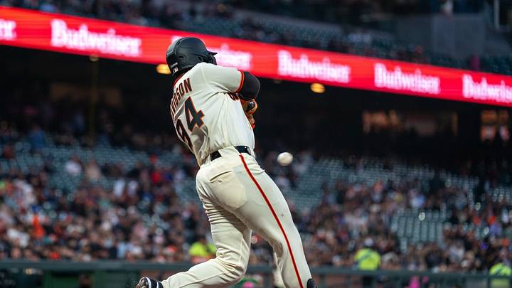 Sep 21, 2026; San Francisco, California, USA;  San Francisco Giants right fielder Bo Davidson (94) gets his first major league hit a single to right field against the Minnesota Twins during the first inning at Oracle Park.  Mandatory Credit: Neville E. Guard-Imagn Images
