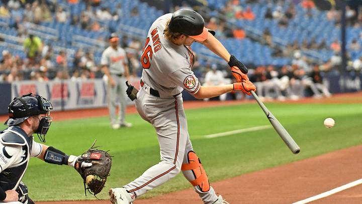 Aug 17, 2026; St. Petersburg, Florida, USA; Baltimore Orioles first baseman Coby Mayo (16) hits a solo home run in the second inning against the Tampa Bay Rays at Tropicana Field. Mandatory Credit: Jonathan Dyer-Imagn Images Aug 17, 2026; St. Petersburg, Florida, USA; Baltimore Orioles first baseman Coby Mayo (16) hits a solo home run in the second inning against the Tampa Bay Rays at Tropicana Field. Mandatory Credit: Jonathan Dyer-Imagn Images