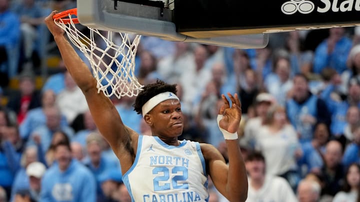 Feb 19, 2025; Chapel Hill, North Carolina, USA; North Carolina Tar Heels forward Ven-Allen Lubin (22) reacts after scoring in the second half at Dean E. Smith Center. Mandatory Credit: Bob Donnan-Imagn Images