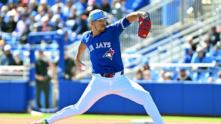 Feb 23, 2026; Dunedin, Florida, USA; Toronto Blue Jays starting  pitcher Jose Berrios (17) throws a pitch in the first inning against the New York Mets at TD Ballpark. Mandatory Credit: Jonathan Dyer-Imagn Images