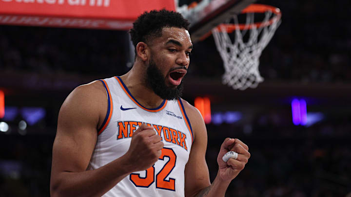 Jan 1, 2025; New York, New York, USA; New York Knicks center Karl-Anthony Towns (32) reacts during the first half against the Utah Jazz at Madison Square Garden. Mandatory Credit: Vincent Carchietta-Imagn Images