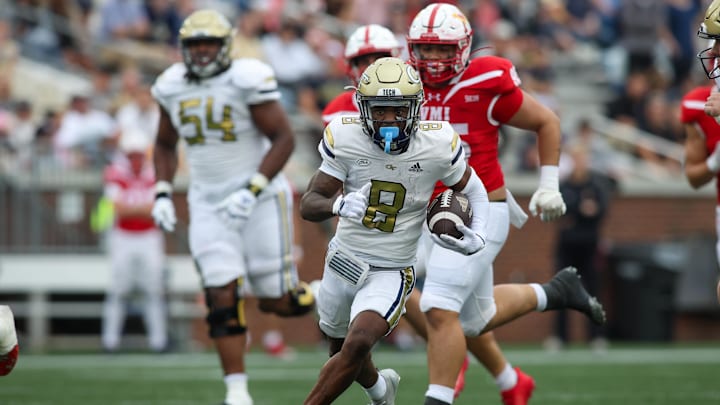 Sep 14, 2024; Atlanta, Georgia, USA; Georgia Tech Yellow Jackets wide receiver Malik Rutherford (8) runs after a catch against the Virginia Military Institute Keydets in the first quarter at Bobby Dodd Stadium at Hyundai Field. Mandatory Credit: Brett Davis-Imagn Images