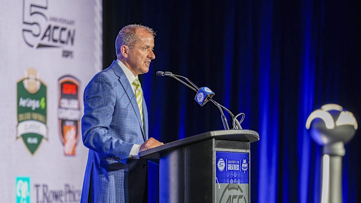 Jul 22, 2025; Charlotte, NC, USA; ACC commissioner Jim Phillips speaks to the media during ACC Media Days at Hilton Charlotte Uptown. Mandatory Credit: Jim Dedmon-Imagn Images