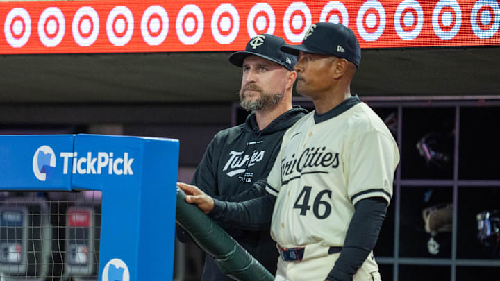 Minnesota Twins manager Rocco Baldelli (5) and Minnesota Twins assistant bench coach/infield coach Tony Diaz (46) watch play during the fifth inning against the Miami Marlins at Target Field on Sept 26.
