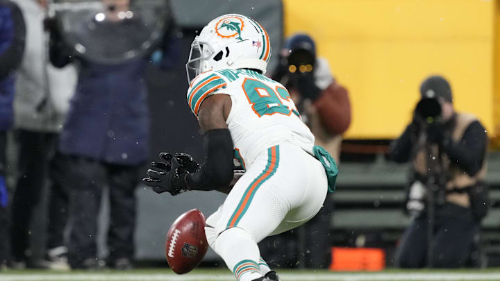 Dolphins wide receiver Malik Washington muffs a punt against the Packers on Nov. 28, 2024. Dolphins wide receiver Malik Washington muffs a punt against the Packers on Nov. 28, 2024.