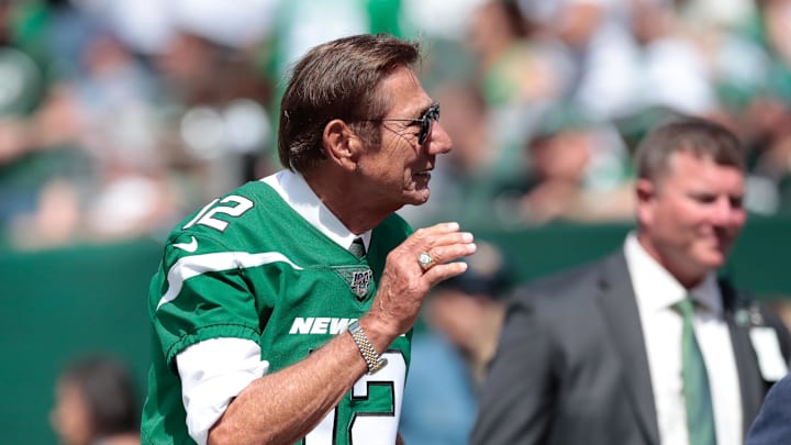 Sep 8, 2019; East Rutherford, NJ, USA; New York Jets former quarterback and Super Bowl III MVP Joe Namath Sep 8, 2019; East Rutherford, NJ, USA; New York Jets former quarterback and Super Bowl III MVP Joe Namath