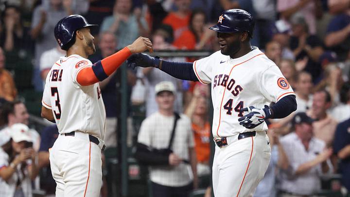 Jul 22, 2026; Houston, Texas, USA; Houston Astros left fielder Yordan Alvarez (44) celebrates with shortstop Jeremy Pena (3) after hitting a home run during the eighth inning against the Miami Marlins at Daikin Park. Mandatory Credit: Troy Taormina-Imagn Images Jul 22, 2026; Houston, Texas, USA; Houston Astros left fielder Yordan Alvarez (44) celebrates with shortstop Jeremy Pena (3) after hitting a home run during the eighth inning against the Miami Marlins at Daikin Park. Mandatory Credit: Troy Taormina-Imagn Images