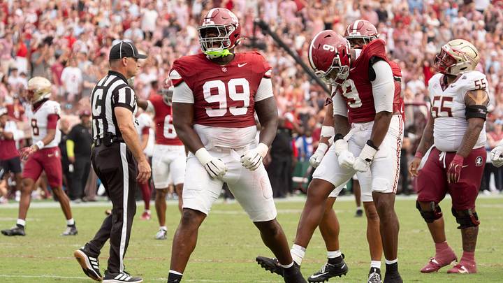 Sep 19, 2026; Tuscaloosa, AL, USA; Alabama defensive lineman Terrance Green (99) and Alabama linebacker Desmond Umeozulu (9) celebrate a sack of Florida State quarterback Ashton Daniels (14) at Bryant-Denny Stadium. Alabama defeated Florida State 50-36. Mandatory Credit: Gary Cosby Jr.-Tuscaloosa News Sep 19, 2026; Tuscaloosa, AL, USA; Alabama defensive lineman Terrance Green (99) and Alabama linebacker Desmond Umeozulu (9) celebrate a sack of Florida State quarterback Ashton Daniels (14) at Bryant-Denny Stadium. Alabama defeated Florida State 50-36. Mandatory Credit: Gary Cosby Jr.-Tuscaloosa News
