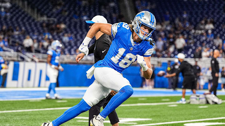 Detroit Lions wide receiver Isaac TeSlaa (18) practices ahead of the Houston Texans game at Ford Field in Detroit on Saturday, August 23, 2025.