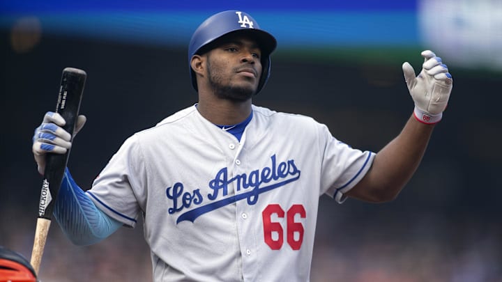 Apr 7, 2018; San Francisco, CA, USA; Los Angeles Dodgers Yasiel Puig (66) reacts to a called strike during the sixth inning of a baseball game at AT&T Park. Mandatory Credit: D. Ross Cameron-Imagn Images