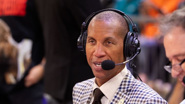 Nov 26, 2024; Phoenix, Arizona, USA; NBA on TNT television analyst Reggie Miller during the Los Angeles Lakers against the Phoenix Suns during an NBA Cup game at Footprint Center. Mandatory Credit: Mark J. Rebilas-Imagn Images