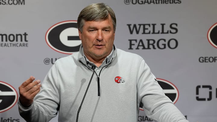 Georgia coach Kirby Smart speaks to the media on the first day of spring practice in Athens, Ga., on Tuesday, March 11, 2025. Georgia coach Kirby Smart speaks to the media on the first day of spring practice in Athens, Ga., on Tuesday, March 11, 2025.