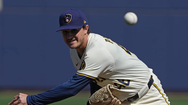 Milwaukee Brewers pitcher Thomas Pannone throws against the Los Angeles Dodgers during the first inning at American Family Fields of Phoenix on Feb. 26.