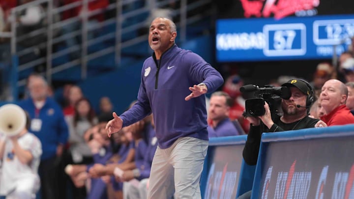 Kansas State Wildcats head coach Jerome Tang yells out in the second half of the Sunflower Showdown game against the Kansas Jayhawks inside Allen Fieldhouse Saturday, Jan. 18, 2025.