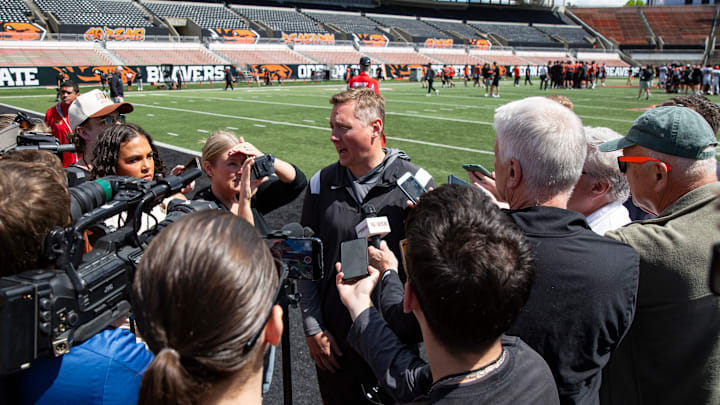 Oregon State head coach Trent Bray gets interviewed after the Oregon State Spring Game at Reser Stadium on Saturday, April 29, 2025, in Corvallis, Ore.