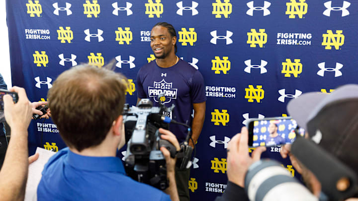 Defensive back Benjamin Morrison speaks with the media during Notre Dame football's Pro Day at Irish Athletic Center on Thursday, March 27, 2025, in South Bend.
