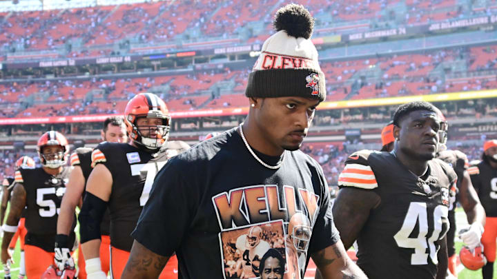 Oct 1, 2023; Cleveland, Ohio, USA; Cleveland Browns quarterback Deshaun Watson (4) walks off the