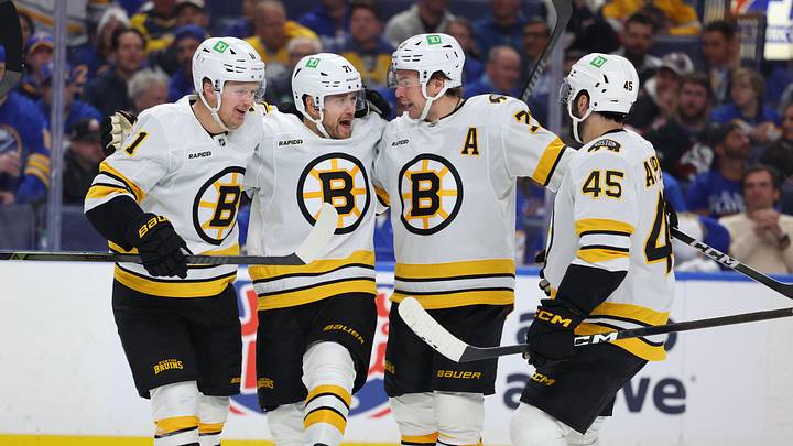 Apr 21, 2026; Buffalo, New York, USA; Boston Bruins left wing Viktor Arvidsson (71) celebrates his goal with teammates during the third period against the Buffalo Sabres in game two of the first round of the 2026 Stanley Cup Playoffs at KeyBank Center. Mandatory Credit: Timothy T. Ludwig-Imagn Images