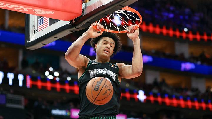 Apr 10, 2026; Houston, Texas, USA; Minnesota Timberwolves forward Joan Beringer (19) dunks the ball during the first quarter against the Houston Rockets at Toyota Center.