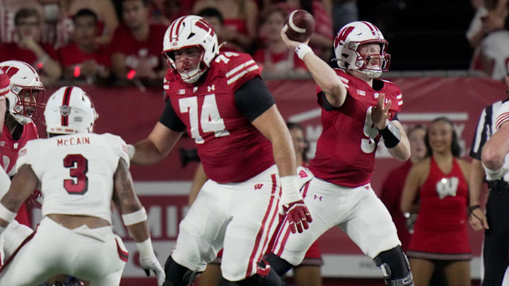 Wisconsin quarterback Billy Edwards Jr. (9) passes the ball during the first quarter of their game against Miami (Ohio) Thursday, August 28, 2025 at Camp Randall Stadium in Madison, Wisconsin.