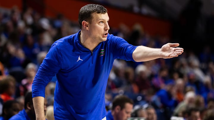 Dec 30, 2023; Gainesville, Florida, USA; Florida Gators assistant coach John Andrzejek gestures during the first half against the Quinnipiac Bobcats at Exactech Arena at the Stephen C. O'Connell Center. Mandatory Credit: Matt Pendleton-Imagn Images