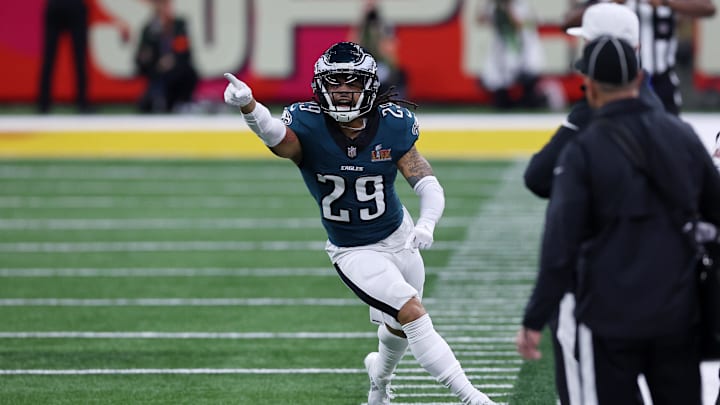 Feb 9, 2025; New Orleans, LA, USA; Philadelphia Eagles cornerback Avonte Maddox (29) reacts after a defensive stop against the Kansas City Chiefs during the second half of Super Bowl LIX at Caesars Superdome. 