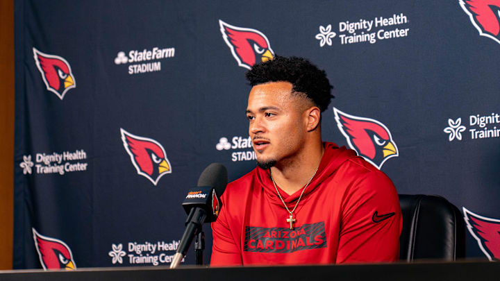 Tyler Allgeier speaks to members of the media at Arizona Cardinals Training Center in Tempe, on March 12, 2026.
