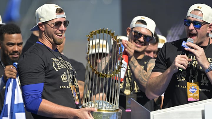 Nov 1, 2024; Los Angeles, CA, USA;  Los Angeles Dodgers relief pitcher Blake Treinen (59) speaks to fans during the World Series Championship Celebration at Dodger Stadium. Mandatory Credit: Jayne Kamin-Oncea-Imagn Images