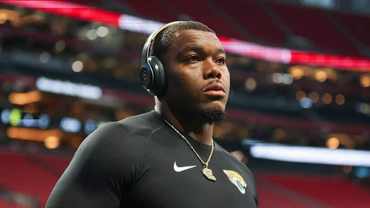 Aug 23, 2024; Atlanta, Georgia, USA; Jacksonville Jaguars defensive end Travon Walker (44) prepares for a game against the Atlanta Falcons at Mercedes-Benz Stadium. Mandatory Credit: Brett Davis-Imagn Images