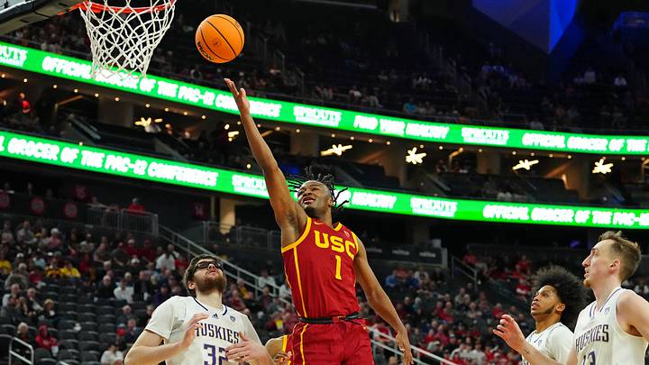 Mar 13, 2024; Las Vegas, NV, USA; USC Trojans guard Isaiah Collier (1) shoots over Washington Mar 13, 2024; Las Vegas, NV, USA; USC Trojans guard Isaiah Collier (1) shoots over Washington