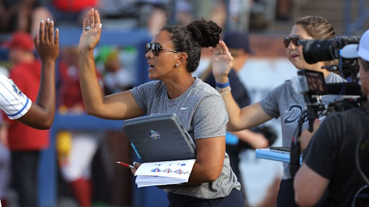Duke coach Marissa Young during a Women's College World Series softball game between the Alabama Crimson Tide and the Duke Blue Devils at Devon Park in Oklahoma City, Friday, May 31, 2024. Alabama won 2-1.