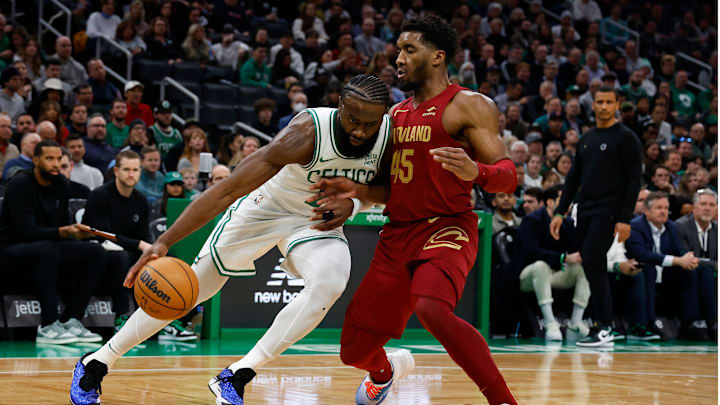 Cleveland Cavaliers v Boston Celtics, Jaylen Brown, Donovan Mitchell. Cleveland Cavaliers v Boston Celtics, Jaylen Brown, Donovan Mitchell.