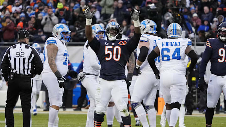 Jan 4, 2026; Chicago, Illinois, USA; Chicago Bears defensive end Grady Jarrett (50) celebrates after a sack against the Detroit Lions during the first half at Soldier Field. Mandatory Credit: David Banks-Imagn Images