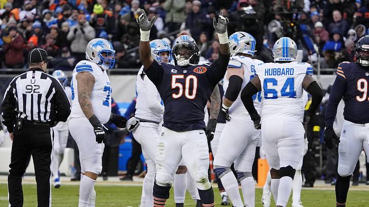 Jan 4, 2026; Chicago, Illinois, USA; Chicago Bears defensive end Grady Jarrett (50) celebrates after a sack against the Detroit Lions during the first half at Soldier Field. Mandatory Credit: David Banks-Imagn Images Jan 4, 2026; Chicago, Illinois, USA; Chicago Bears defensive end Grady Jarrett (50) celebrates after a sack against the Detroit Lions during the first half at Soldier Field. Mandatory Credit: David Banks-Imagn Images