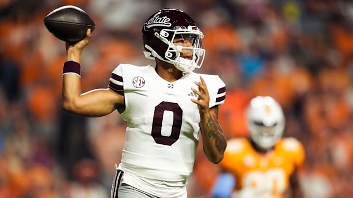 Nov 9, 2024; Knoxville, Tennessee, USA; Mississippi State Bulldogs quarterback Michael Van Buren Jr. (0) throws a pass against the Tennessee Volunteers during the first half at Neyland Stadium. Mandatory Credit: Caitie McMekin/USA TODAY Network via Imagn Images
