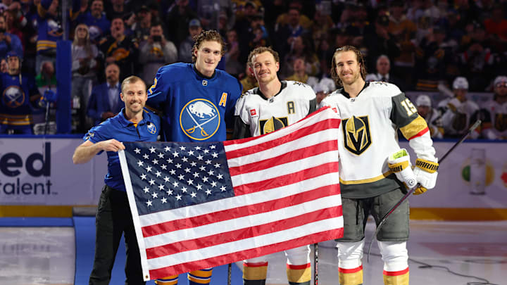 Mar 3, 2026; Buffalo, New York, USA; Buffalo Sabres massage therapist Brett Compton, center Tage Thompson (72), Vegas Golden Knights center Jack Eichel (9) and defenseman Noah Hanifin (15) are honored for Team USA’s gold medal winning performance at the 2026 Winter Olympics prior to the start of their game at KeyBank Center. Mandatory Credit: Timothy T. Ludwig-Imagn Images Mar 3, 2026; Buffalo, New York, USA; Buffalo Sabres massage therapist Brett Compton, center Tage Thompson (72), Vegas Golden Knights center Jack Eichel (9) and defenseman Noah Hanifin (15) are honored for Team USA’s gold medal winning performance at the 2026 Winter Olympics prior to the start of their game at KeyBank Center. Mandatory Credit: Timothy T. Ludwig-Imagn Images