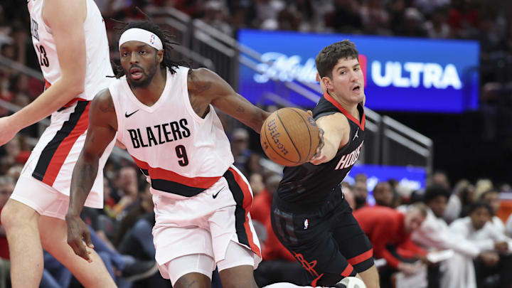 Nov 14, 2025; Houston, Texas, USA; Houston Rockets guard Reed Sheppard (15) attempts to steal the ball from Portland Trail Blazers forward Jerami Grant (9) during the fourth quarter at Toyota Center. Mandatory Credit: Troy Taormina-Imagn Images Nov 14, 2025; Houston, Texas, USA; Houston Rockets guard Reed Sheppard (15) attempts to steal the ball from Portland Trail Blazers forward Jerami Grant (9) during the fourth quarter at Toyota Center. Mandatory Credit: Troy Taormina-Imagn Images