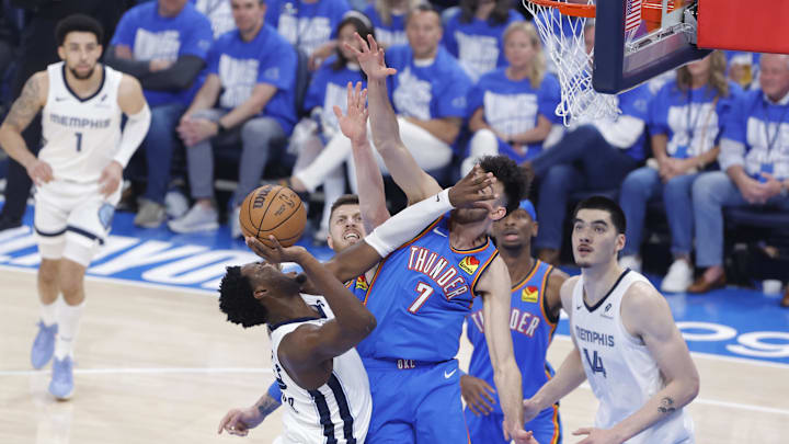 Apr 22, 2025; Oklahoma City, Oklahoma, USA; Memphis Grizzlies forward Jaren Jackson Jr. (13) shoots as Oklahoma City Thunder center Isaiah Hartenstein (55) and forward Chet Holmgren (7) defend the shot in the first quarter during game two of first round for the 2024 NBA Playoffs at Paycom Center. Mandatory Credit: Alonzo Adams-Imagn Images Apr 22, 2025; Oklahoma City, Oklahoma, USA; Memphis Grizzlies forward Jaren Jackson Jr. (13) shoots as Oklahoma City Thunder center Isaiah Hartenstein (55) and forward Chet Holmgren (7) defend the shot in the first quarter during game two of first round for the 2024 NBA Playoffs at Paycom Center. Mandatory Credit: Alonzo Adams-Imagn Images