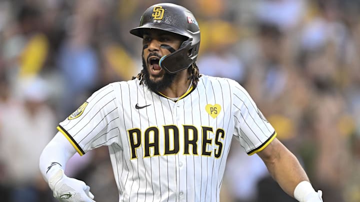 San Diego Padres outfielder Fernando Tatis Jr. reacts after hitting a two-run home run against the Atlanta Braves during the first inning in game one of the Wildcard round of the 2024 MLB Playoffs at Petco Park. 
