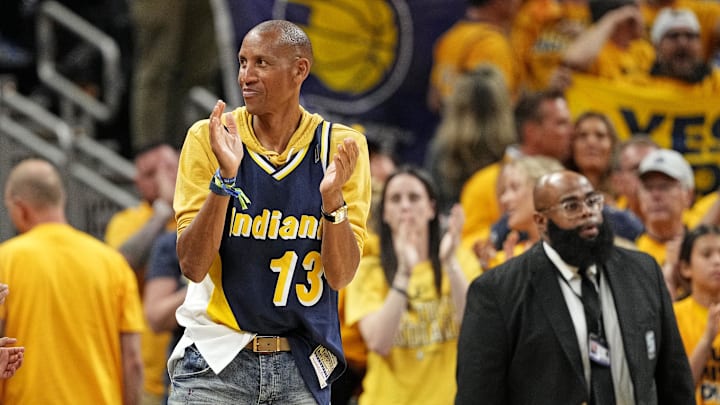 Jun 11, 2025; Indianapolis, Indiana, USA; Former Indiana Pacers player Reggie Miller celebrates during the third quarter of the game between the Indiana Pacers and the Oklahoma City Thunder in game three of the 2025 NBA Finals at Gainbridge Fieldhouse. Mandatory Credit: Kyle Terada-Imagn Images