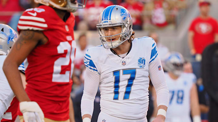 Jan 28, 2024; Santa Clara, California, USA; Detroit Lions place kicker Michael Badgley (17) reacts after a play against the San Francisco 49ers during the first half of the NFC Championship football game at Levi's Stadium
