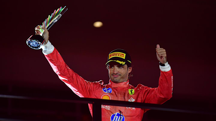 Nov 23, 2024; Las Vegas, Nevada, USA; Scuderia Ferrari driver Carlos Sainz (55) celebrates after placing third in the Las Vegas Grand Prix at Las Vegas Circuit. Mandatory Credit: Gary A. Vasquez-Imagn Images Nov 23, 2024; Las Vegas, Nevada, USA; Scuderia Ferrari driver Carlos Sainz (55) celebrates after placing third in the Las Vegas Grand Prix at Las Vegas Circuit. Mandatory Credit: Gary A. Vasquez-Imagn Images