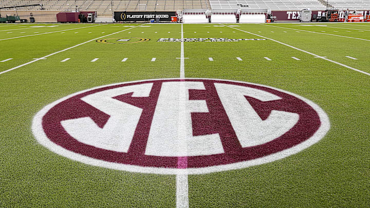 Dec 20, 2025; College Station, TX, USA; A detail view of the SEC logo at Kyle Field prior to the game between the Miami Hurricanes and the Texas A&M Aggies. Mandatory Credit: Maria Lysaker-Imagn Images